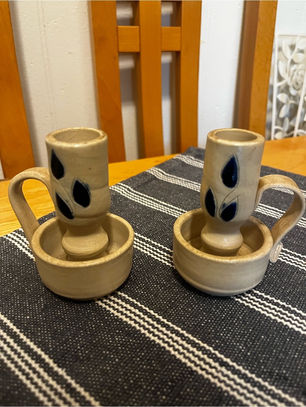 Handmade Stoneware Candle Holders with Blue Leaf Motif